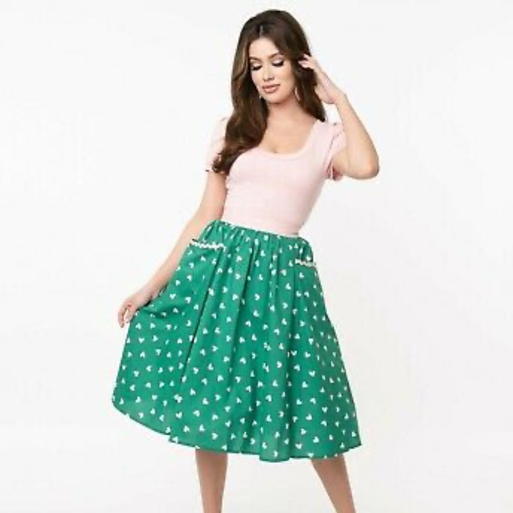 Unique Vintage Green & Pink Hearts Print Susannah Swing Skirt